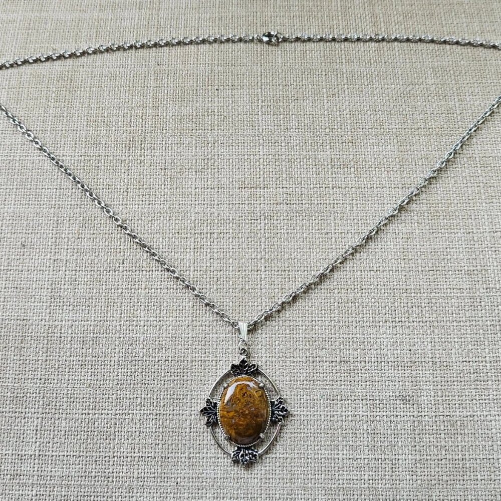 Vintage Pendant Women Necklace Brown Stone Silver Tone Chain Fashion Jewelry - Picture 6 of 12